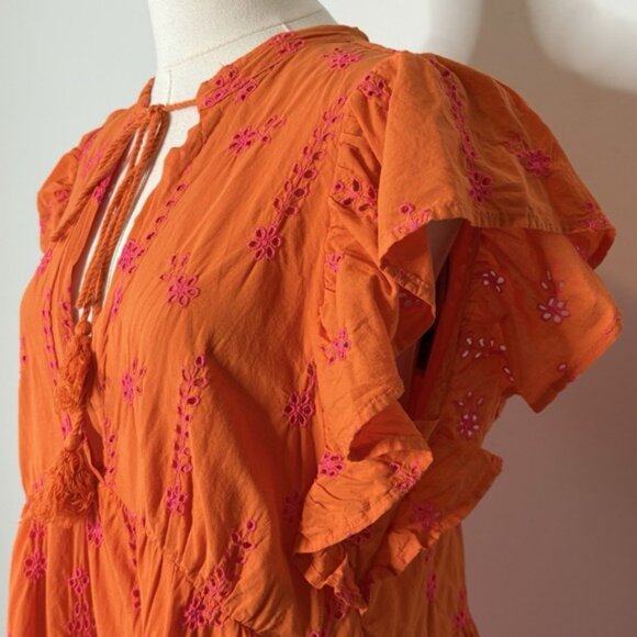 Dixie Italy Orange Eyelet Embroidered Dress Ruffle Sleeve Womens Size Medium - Picture 3 of 9